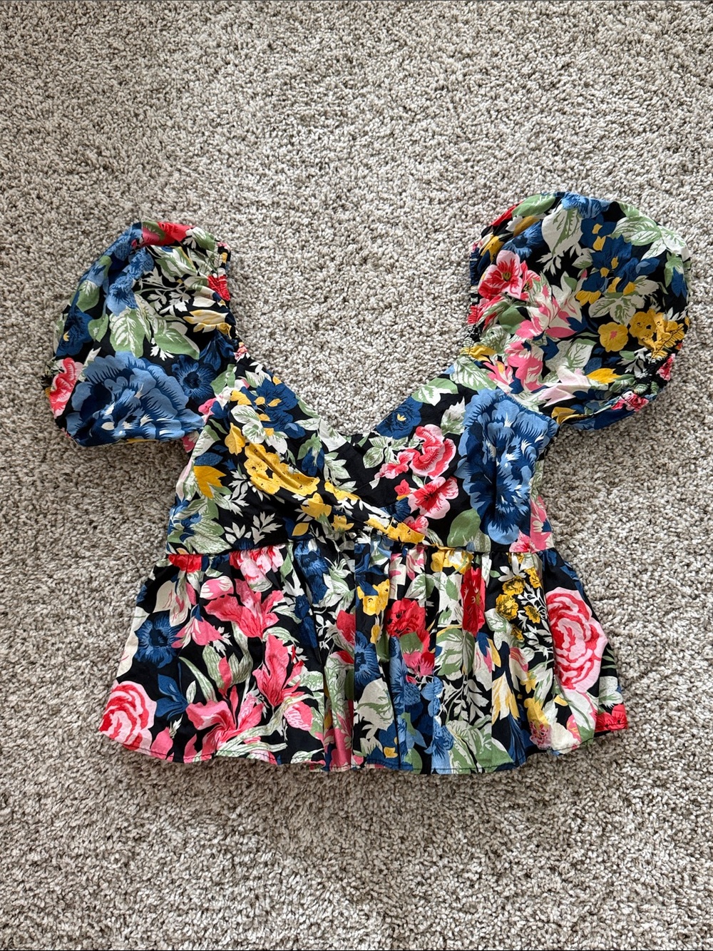 Zara Navy Floral Puff-Sleeve Crop Top - Multicolor